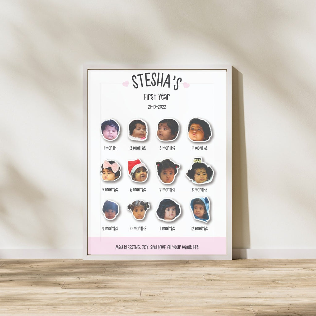 A framed poster showcases a baby’s monthly growth from 1 to 12 months. Each month has a photo, featuring various outfits and expressions, conveying joy and milestones.