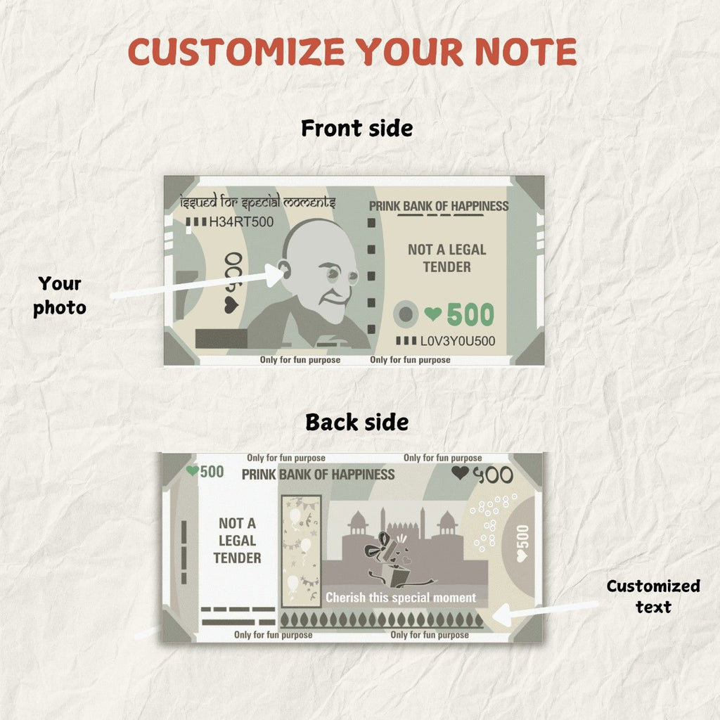 A customizable Rs 500 novelty note. Front: space for a personal photo. Back: Customized message and names.