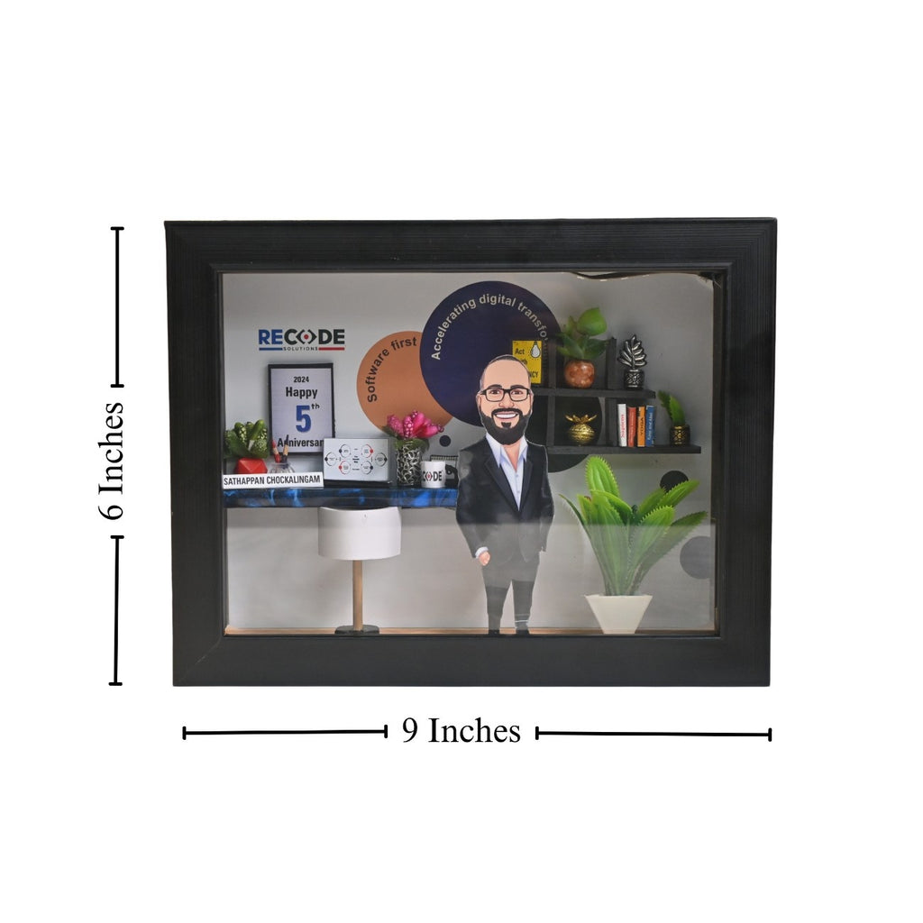 A 3D frame measuring 6 by 9 inches features a cartoon figure of a man in a suit within an office setting. The background includes books on shelves, plants, and a digital transformation theme.