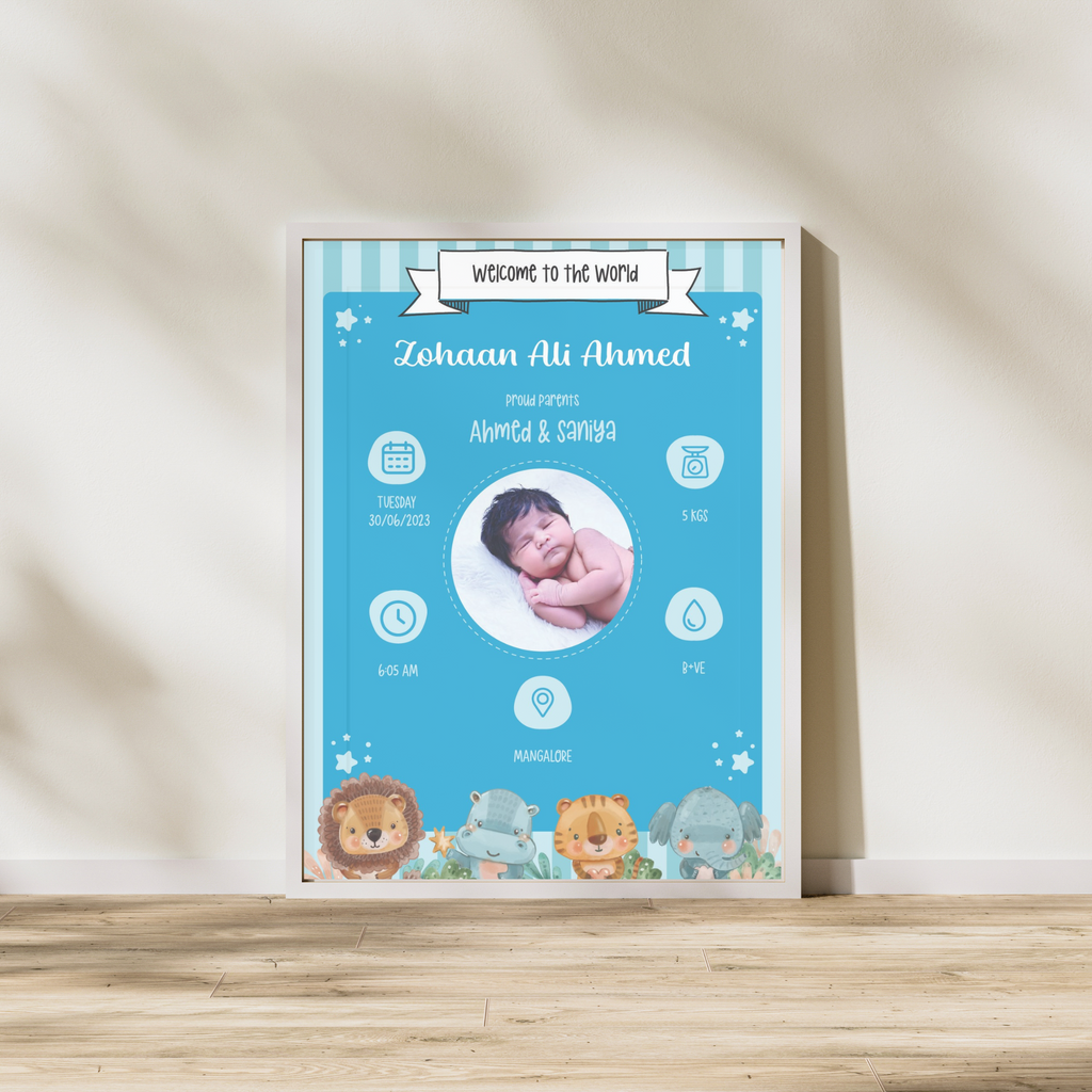 Welcome photo frame for a newborn named Zohaan Ali Ahmed in blue with cute animal illustrations. Features a central photo of the baby, birth details, and parents' names.