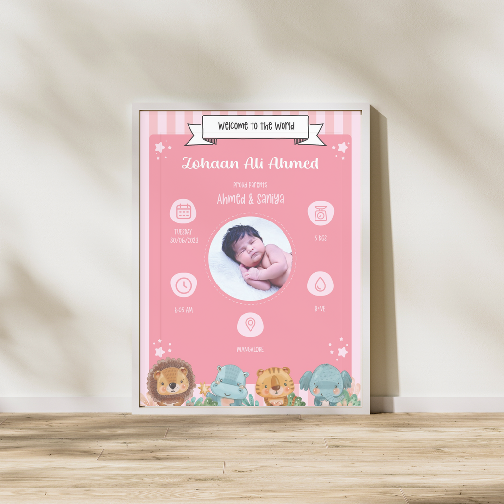 Welcome photo frame for a newborn named Zohaan Ali Ahmed in pink with cute animal illustrations. Features a central photo of the baby, birth details, and parents' names.