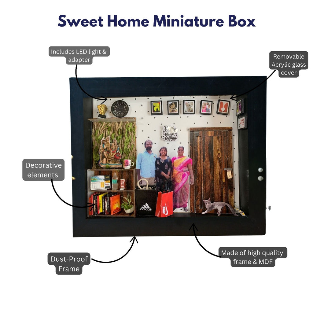 A "Sweet Home Miniature Box" with LED lights, showcasing a detailed, cozy room scene. Features a family photo, decorative shelves, and a dust-proof frame.