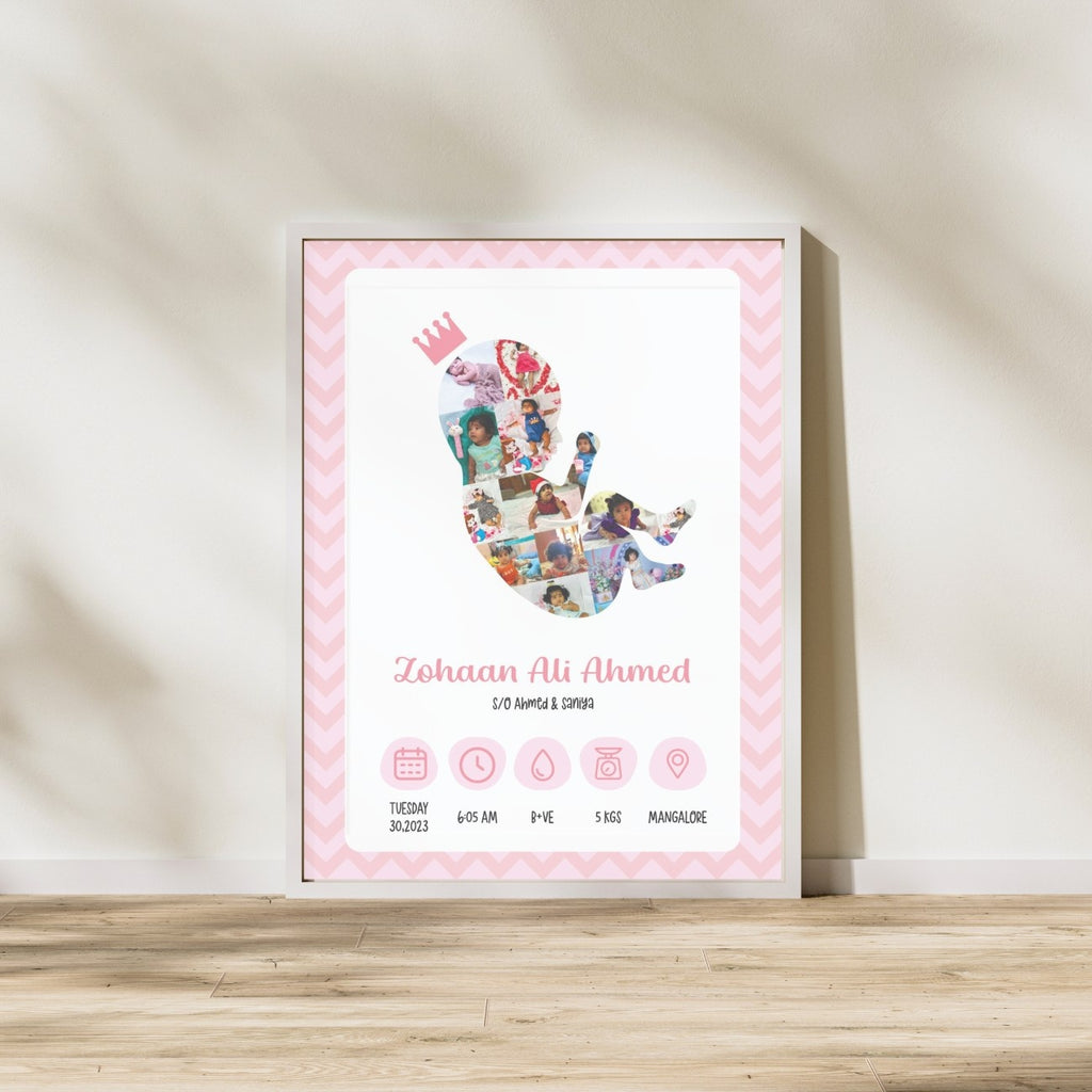 Framed birth announcement with a collage silhouette of a baby, crowned with a Pink crown. Includes name, birth date, time, weight, and location. Soft, joyful tone.