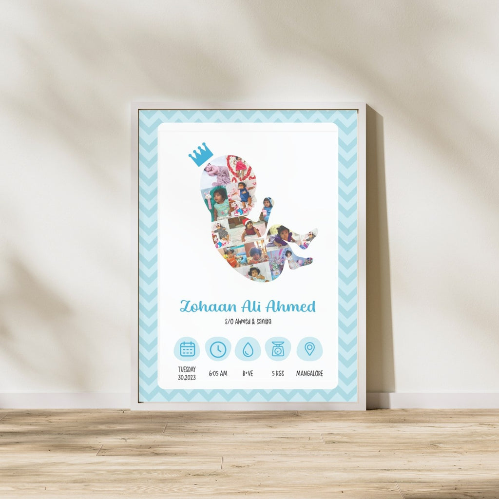 Framed birth announcement with a collage silhouette of a baby, crowned with a blue crown. Includes name, birth date, time, weight, and location. Soft, joyful tone.