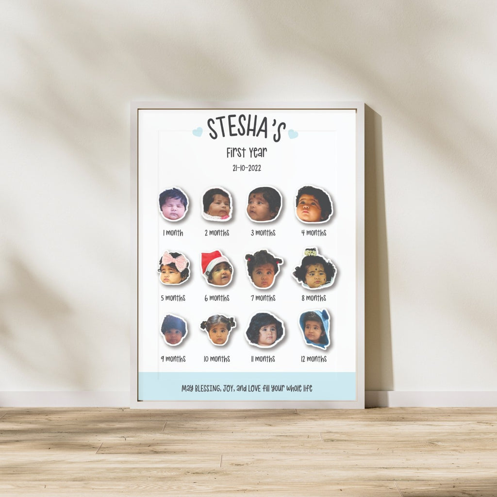 A framed poster showcases a baby’s monthly growth from 1 to 12 months. Each month has a photo, featuring various outfits and expressions, conveying joy and milestones.