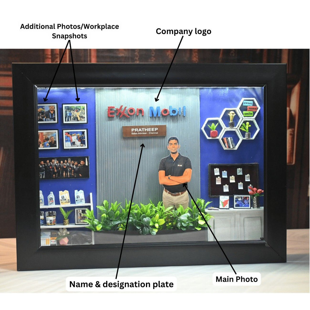A framed collage with the ExxonMobil logo at the center, showcasing a main photo of a man above leafy decor. Surrounding are workplace snapshots, a nameplate, decorative shelves, and a bulletin board. The tone is professional and personalized.