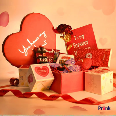 A romantic gift set featuring a heart-shaped box with 
