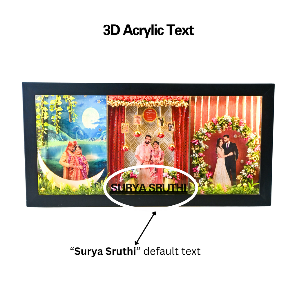 A framed collage with three wedding-themed photos. The central image features a smiling couple in pink attire. "Surya Sruthi" is in 3D acrylic text.