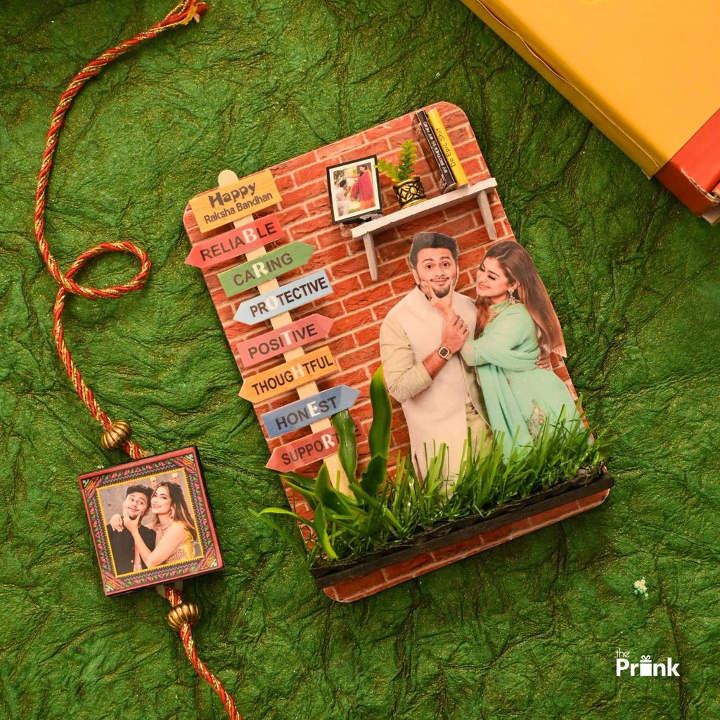 A festive Raksha Bandhan themed magnet on a green textured background features a brother and sister photo with adjectives like "Reliable" and "Caring." Beside it, a colorful rakhi with a matching photo adds a celebratory vibe.