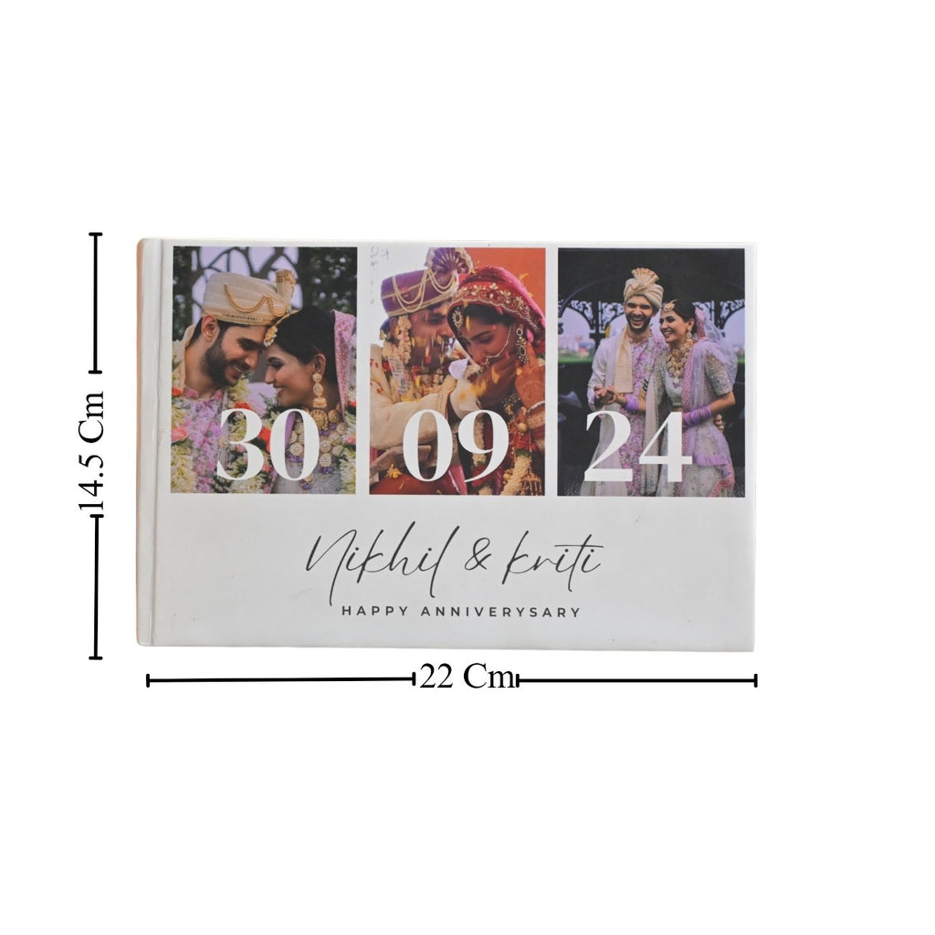 Anniversary album cover with three wedding photos featuring a couple. Dates displayed are 30-09-24. Text reads, "Nikhil & Kriti, Happy Anniversary."