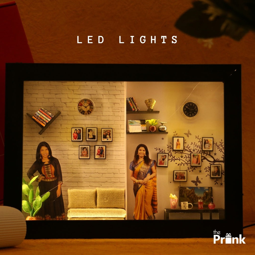 A decorative photo frame depicting two women, each in a cozy room setting with a warm glow. Background features clocks, bookshelves, and family photos, evoking a homely feel.