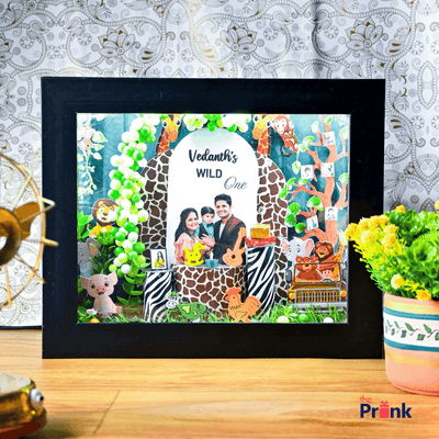 Framed photo collage with a jungle theme, featuring a family celebrating a first birthday. Decorated with cartoon animals and vibrant greenery.