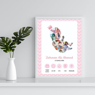 Framed baby collage with pink zigzag border featuring infant photos forming a baby shape with a crown. Text includes 