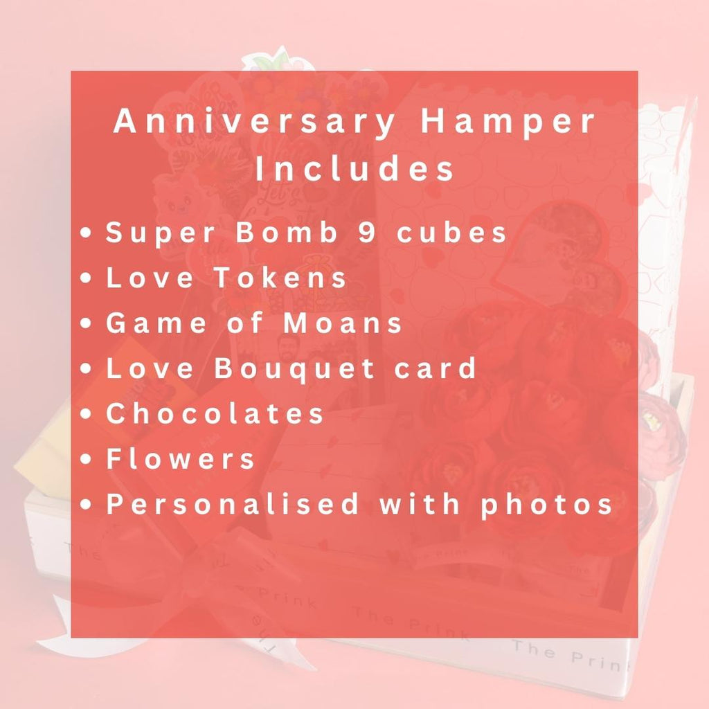 Red text box over a pink backdrop lists components of an anniversary hamper: Super Bomb 9 cubes, Love Tokens, Game of Moans, cards, chocolates, flowers, personalized photos. Romantic theme.