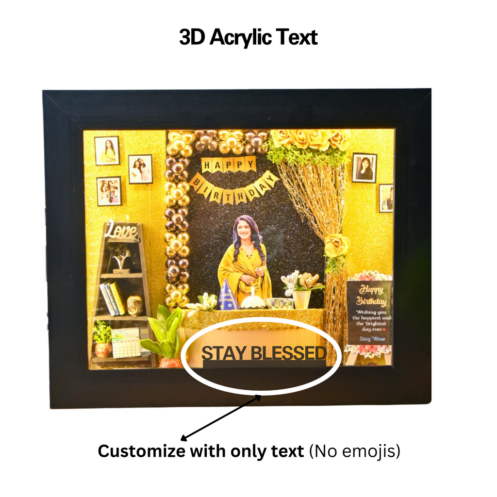 Shadow box with birthday theme, featuring a central photo, balloons, flowers, and gold accents. Text reads "Stay Blessed" which is customizable. Festive and personalized.
