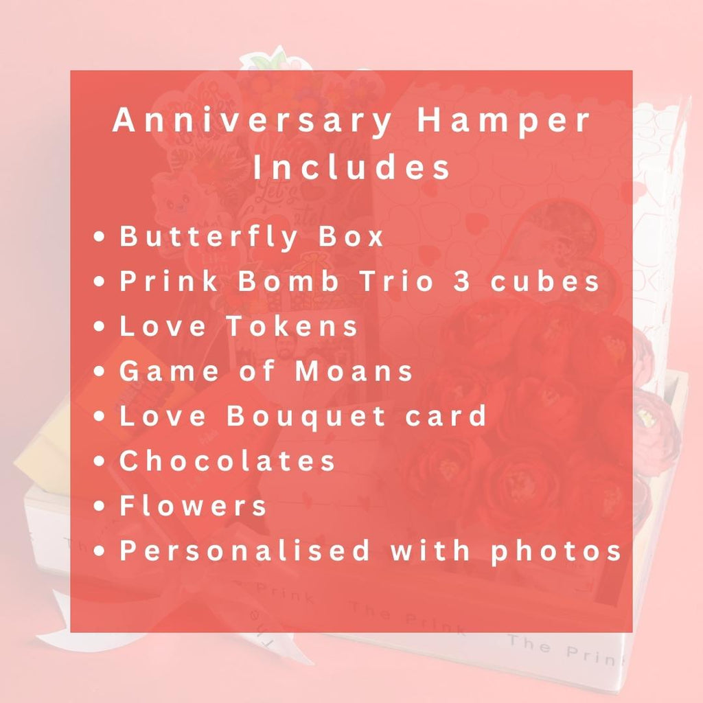 A red overlay lists contents of an anniversary hamper, including a Butterfly Box, love tokens, chocolates, flowers, and personalized photos. Romantic tone.