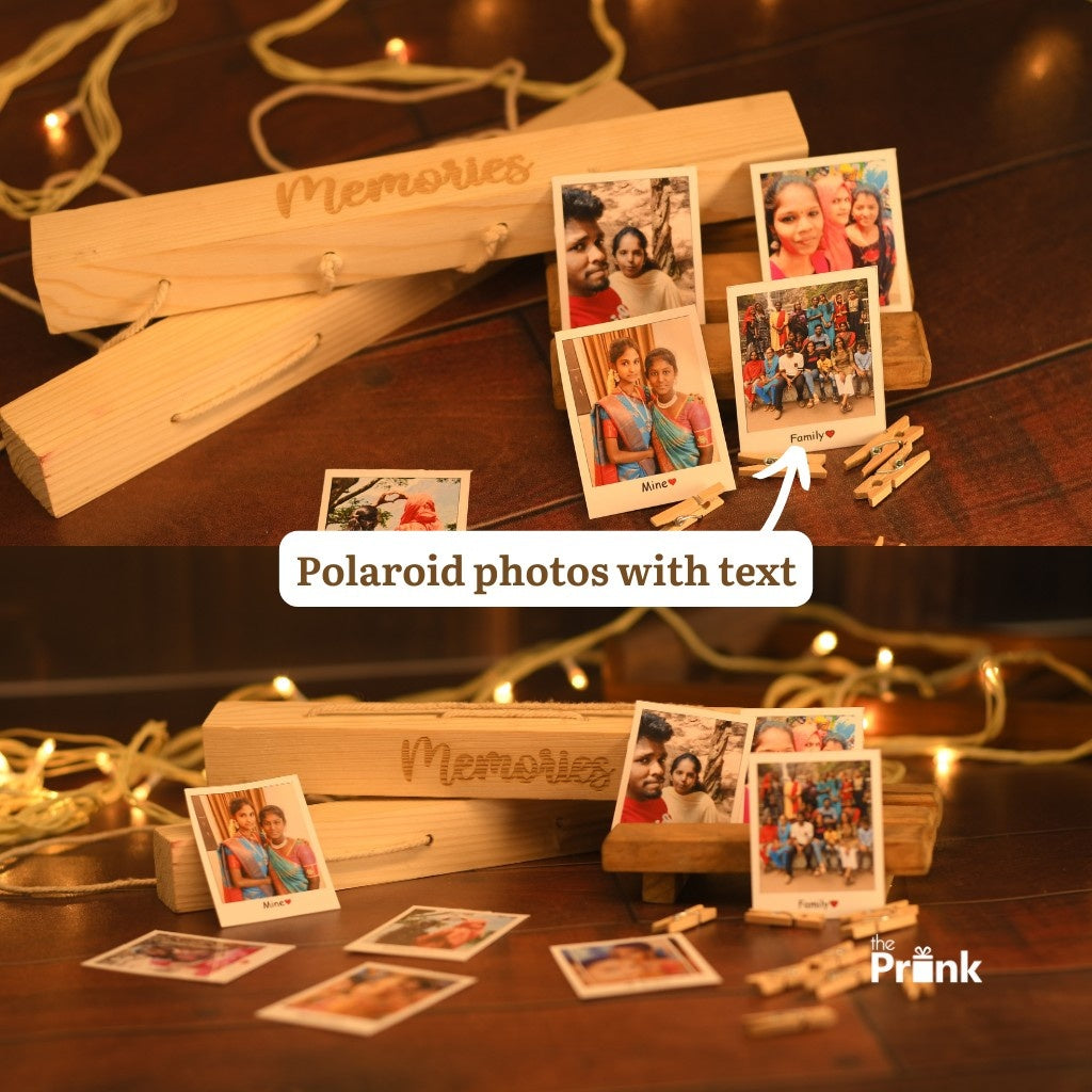 A wooden display labeled "Memories" holds Polaroid photos with family moments. Warm fairy lights create a cozy, sentimental atmosphere.