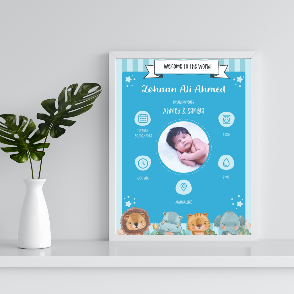 Framed baby announcement poster with "Welcome to the World" text, featuring a sleeping baby, birth details, and cute animal illustrations on a shelf.