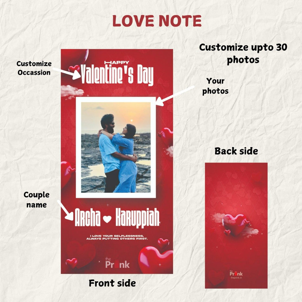 Red Valentine's Day card with customizable options. Features a couple embracing at sunset, surrounded by hearts. Text allows personalized names and messages.