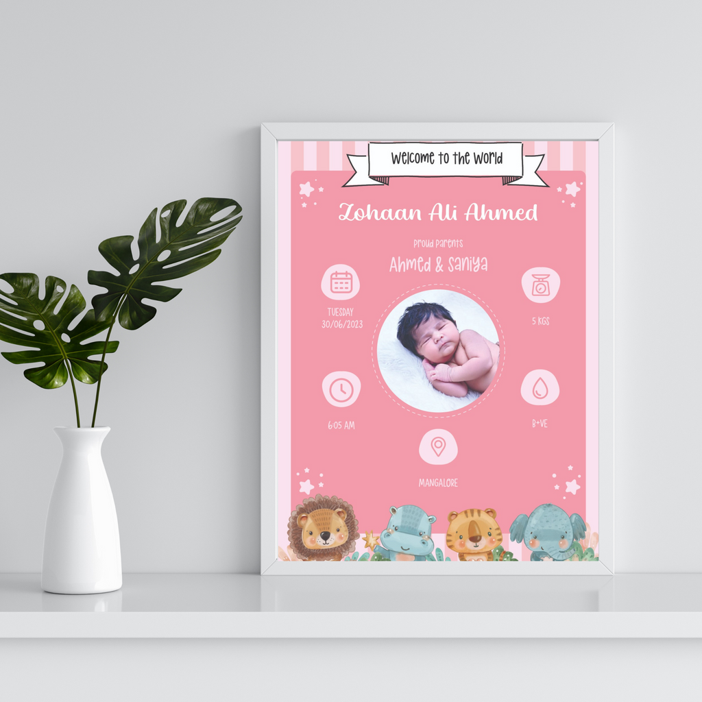 Framed baby announcement poster with "Welcome to the World" text, featuring a sleeping baby, birth details, and cute animal illustrations on a shelf.