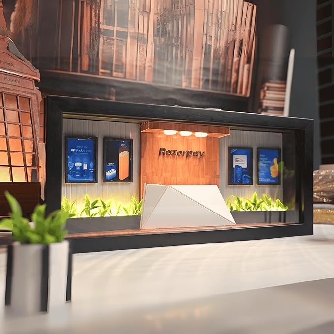 Modern display showcasing Razorpay branding with products on a wooden shelf. Lush greenery adds freshness, with a cozy library backdrop.