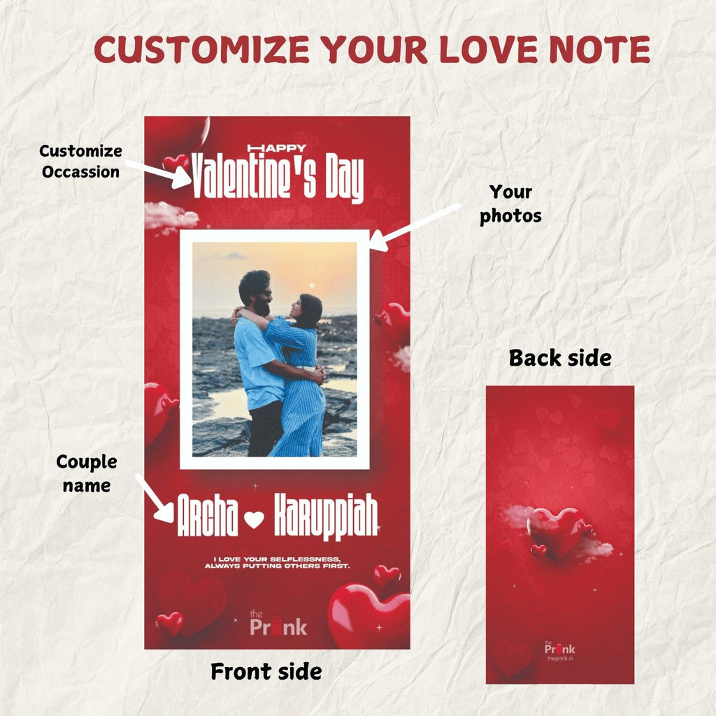 Red Valentine's Day card template featuring a couple embracing at sunset on the front, customizable with occasion, photo, and names. Backside has heart graphics.