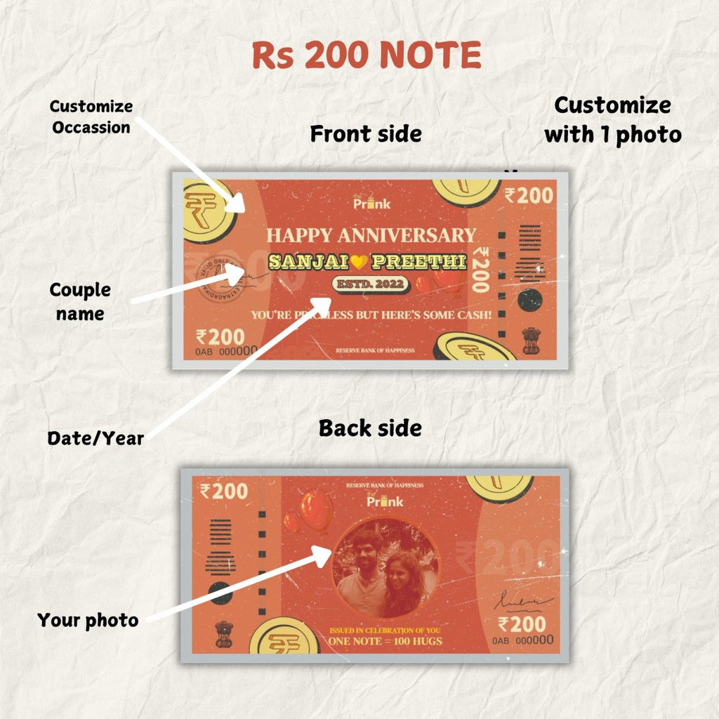 Front and back of a customizable Rs 200 note designed for special occasions. Includes spaces for a couple's name, date, and a personal photo.