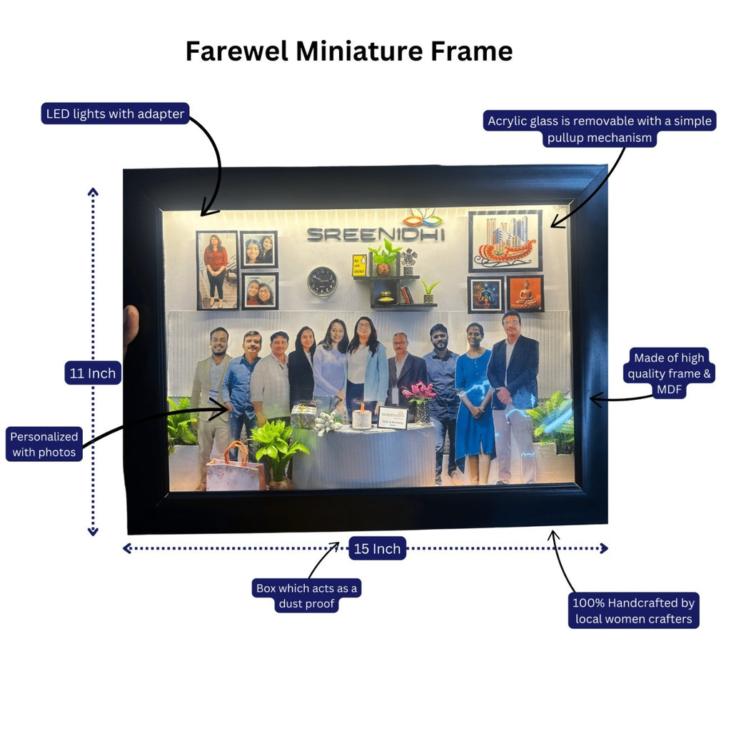 A farewell miniature frame measuring 11x15 inches. It features a personalized photo with LED lights, housed in removable acrylic glass within a high-quality MDF frame. Noted for being handcrafted by local women, the frame includes decorative elements like small plants and signs, and functions as a dustproof box.