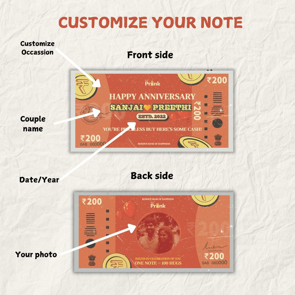 Front and back of a customizable Rs 200 note designed for special occasions. Includes spaces for a couple's name, date, and a personal photo.