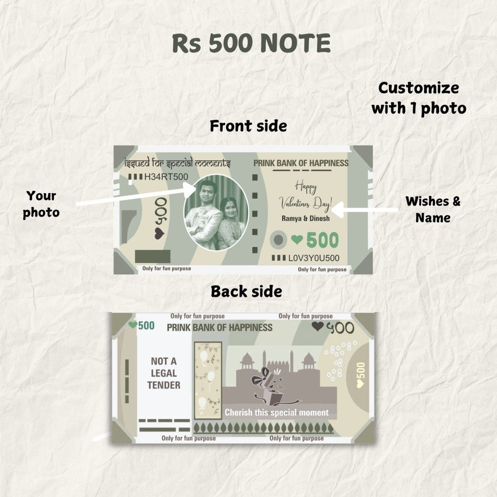 A customizable Rs 500 novelty note. Front: space for a personal photo, Valentine's message, and names. Back: features playful design elements.