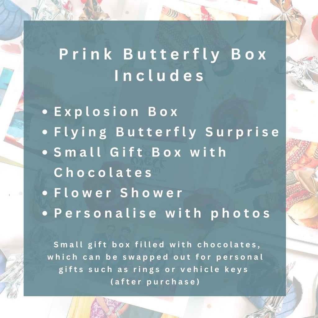 Decorative image promoting the Prink Butterfly Box includes an explosion box, flying butterfly surprise, and small gift box with chocolates. Additional features include a flower shower and personalization with photos. The background shows a collage of colorful images and gifts. The tone is festive and celebratory.