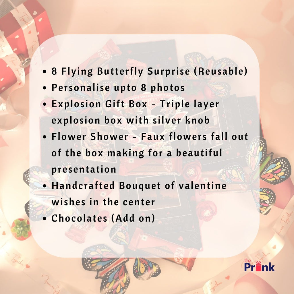 Gift box with butterflies and roses. Text highlights features: reusable butterfly surprise, personalized photos, explosion box, flowers, bouquet, chocolates. Romantic vibe.
