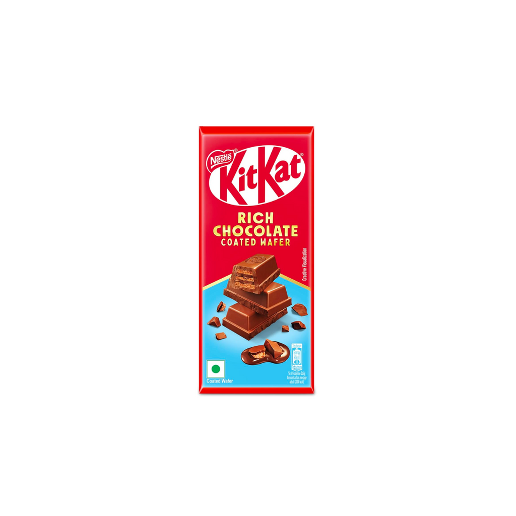Red KitKat wrapper with the logo and text "Rich Chocolate Coated Wafer." Image of chocolate pieces on a blue background conveys indulgence and sweetness.