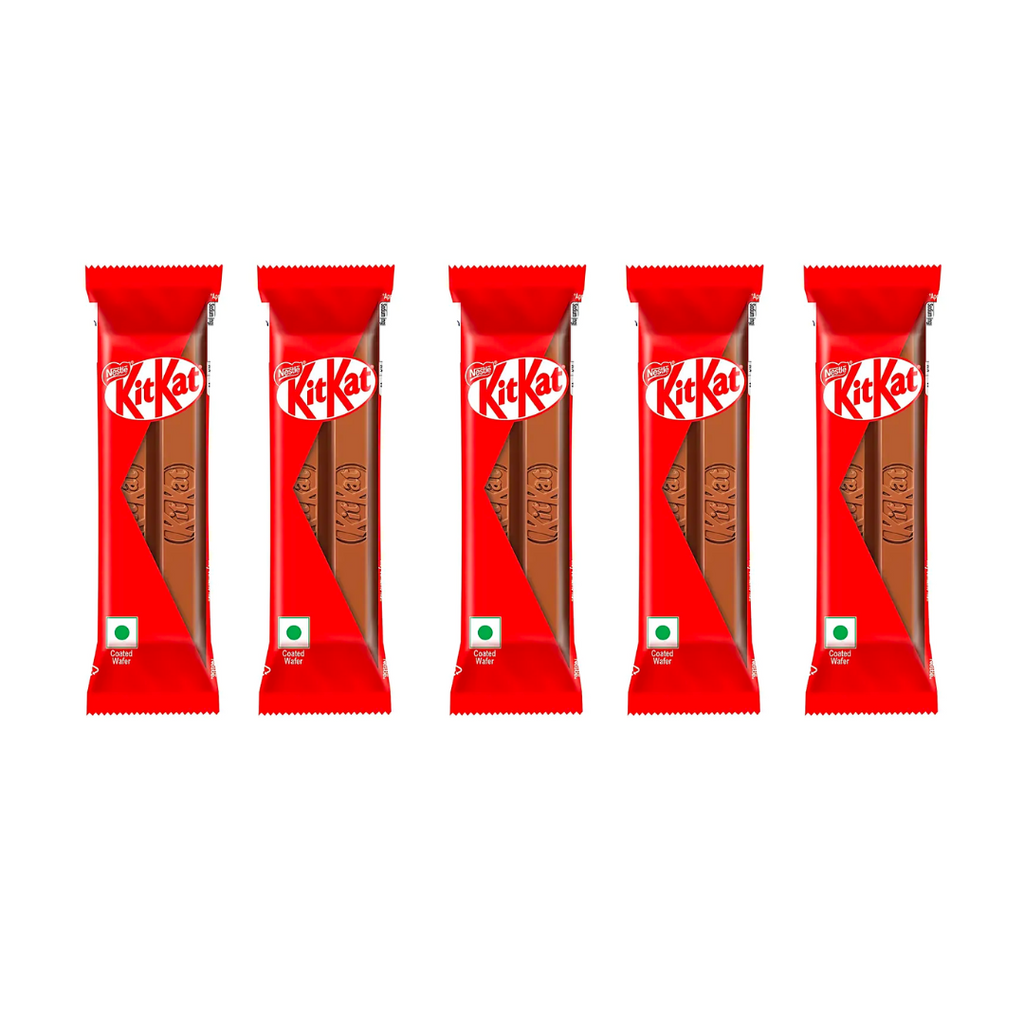 Five red Kit Kat chocolate bar packages are evenly lined up on a white background, creating a bright and uniform display of the iconic treat.