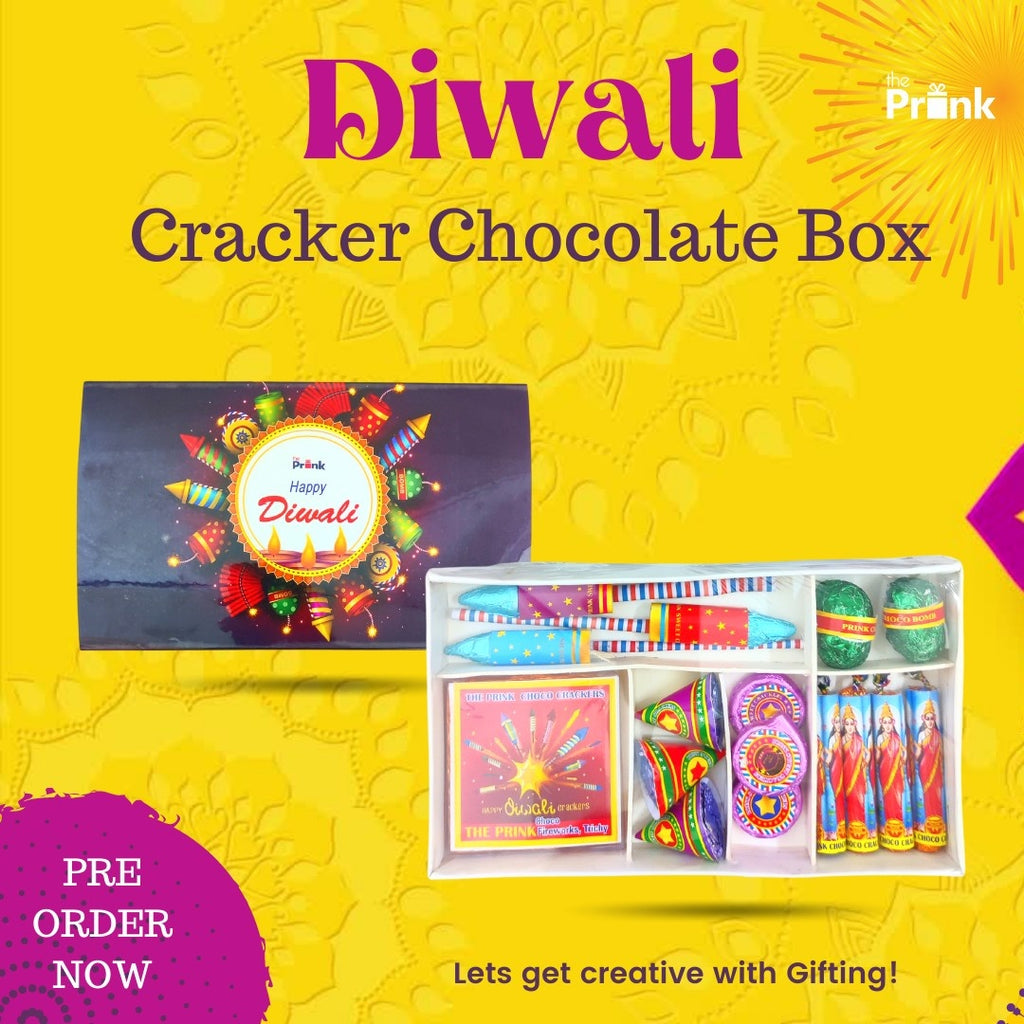 Colorful "Diwali Cracker Chocolate Box" ad with festive design. Includes chocolate in firecracker shapes. 