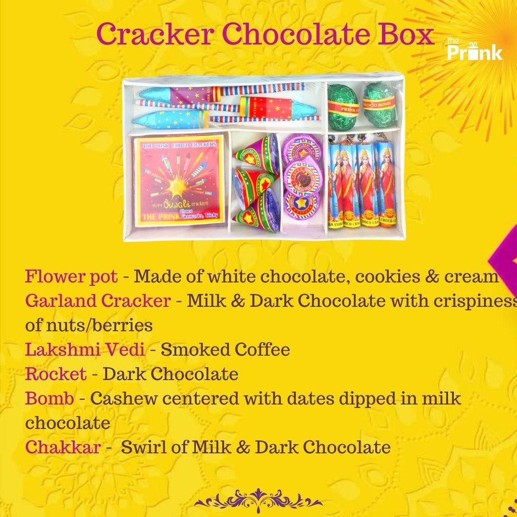 Box of festive chocolates styled like fireworks on a bright yellow background. Each piece, described with playful names, mimics popular fireworks.
