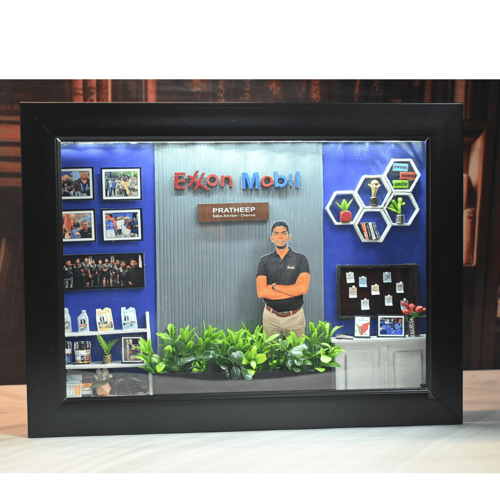 Photo Frame depicts a man in a black polo shirt, arms folded, set against a backdrop featuring Company branding, plants, photos, and hexagonal shelves. The mood is professional and organized.