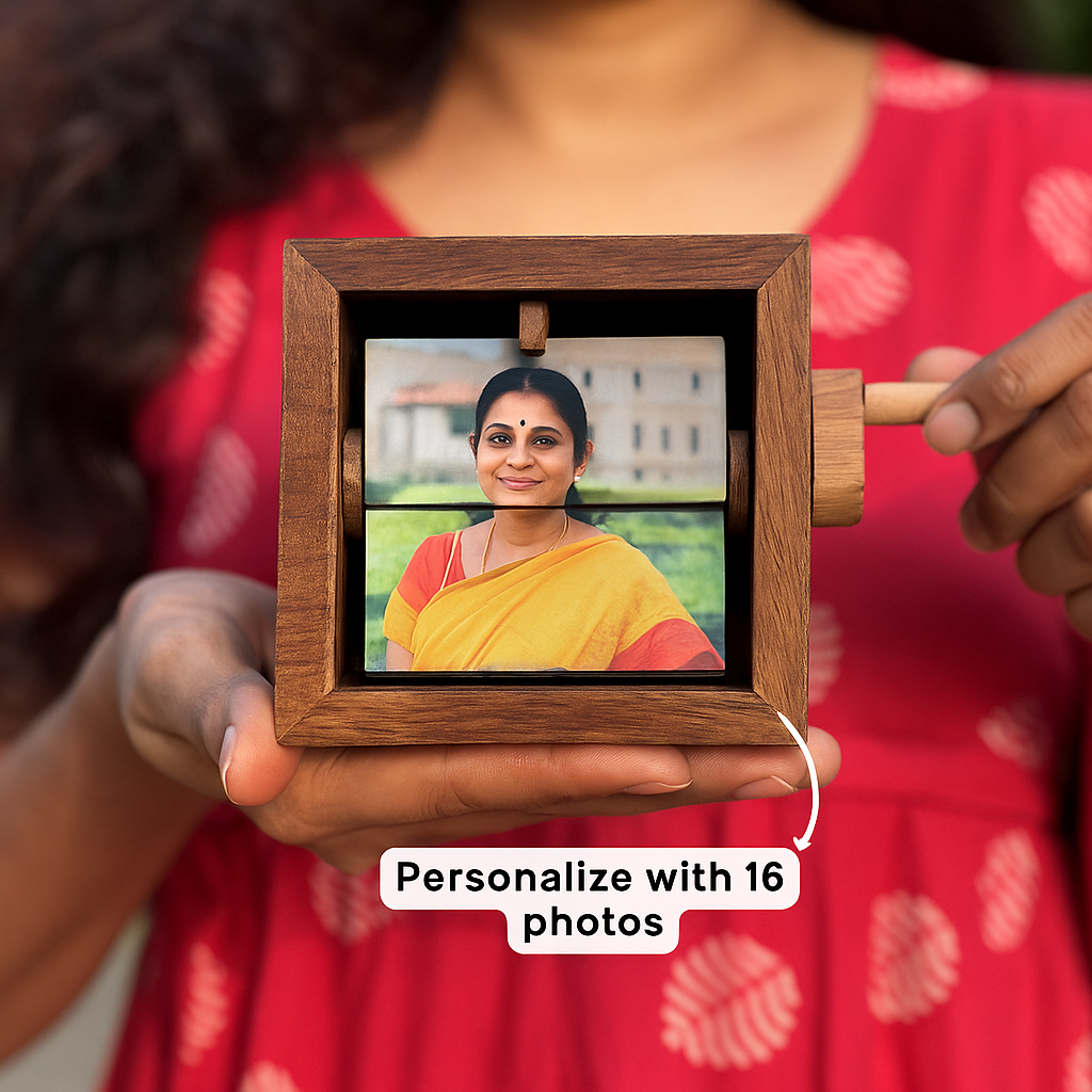“Handcrafted wooden flipbook with mother’s portrait”