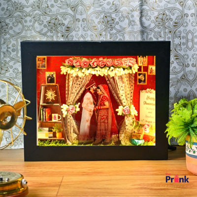 A decorated anniversary photo frame features a couple in wedding attire, set against a backdrop of flowers and curtains, conveying warmth and celebration.