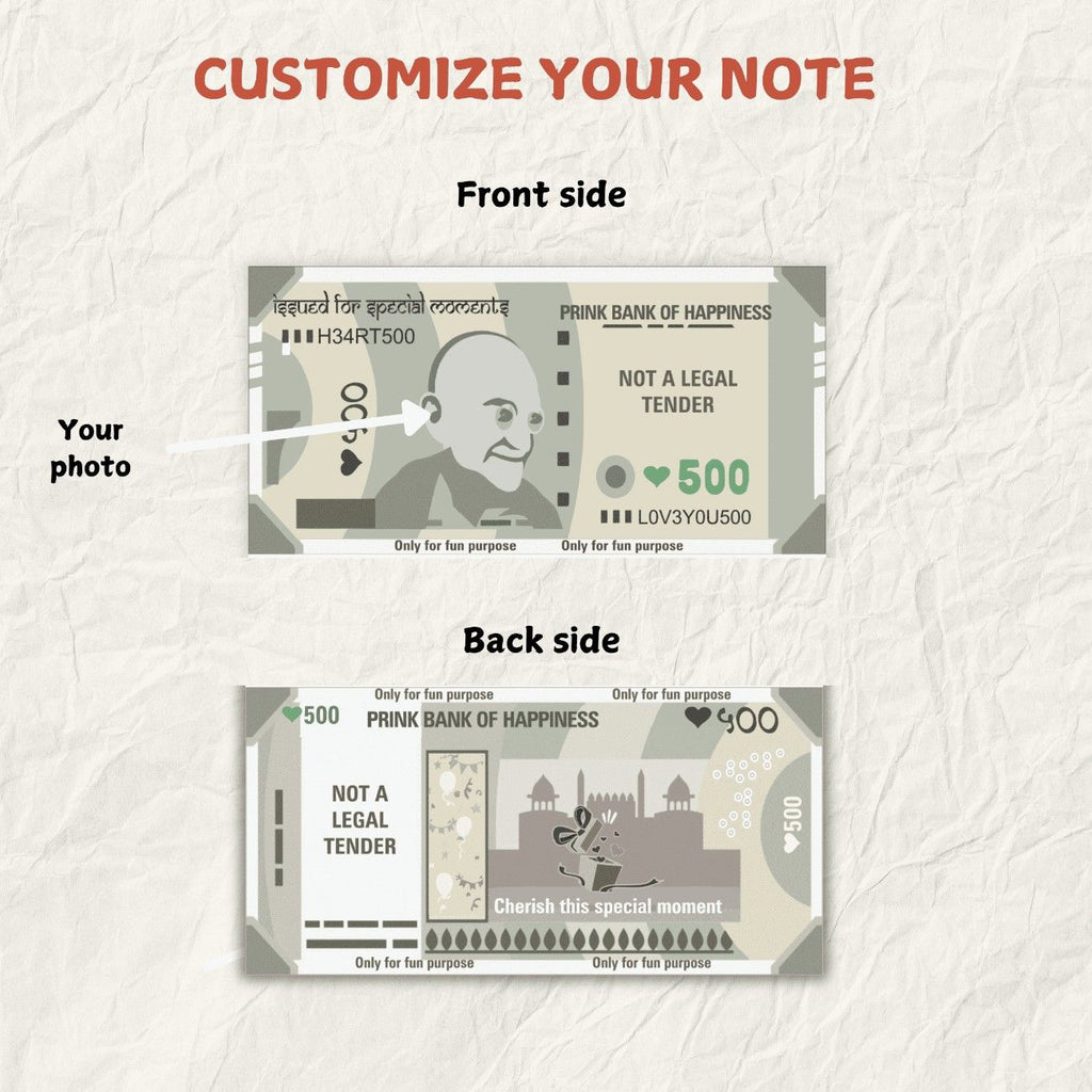 Illustration of a customizable novelty note titled "Prink Bank of Happiness," with an area for a personal photo. It's labeled "Not a legal tender."