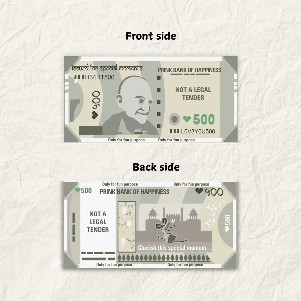 Front and back of a novelty bill labeled "Prink Bank of Happiness." Features smiley face, heart symbols, and non-legal tender marks for fun purposes.