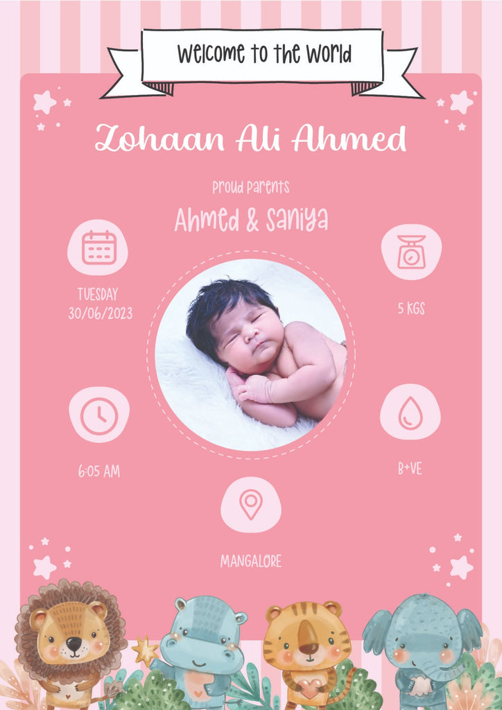 Baby announcement poster on a pink background with stripes. Photo of a sleeping newborn in the center. Surrounding icons show details: date June 30, 2023, weight 5 kg, time 6:05 AM, blood type B+, location Mangalore. Cartoon animals at the bottom add a playful touch.