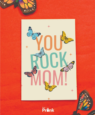Card on an orange background with colorful butterflies. Text: 