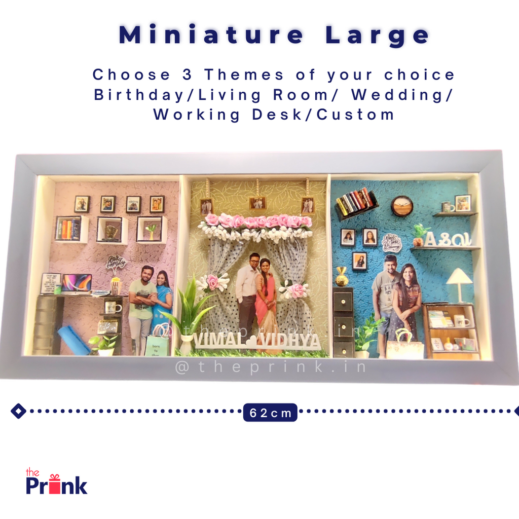 Miniature frame image showcasing three themed sections: living room, wedding, and office, with personalized photos and decor elements. Dimensions: 62cm. Text reads 'Choose 3 Themes of your choice: Birthday/Living Room/Wedding/Working Desk/Custom.' Bright and cheerful design.