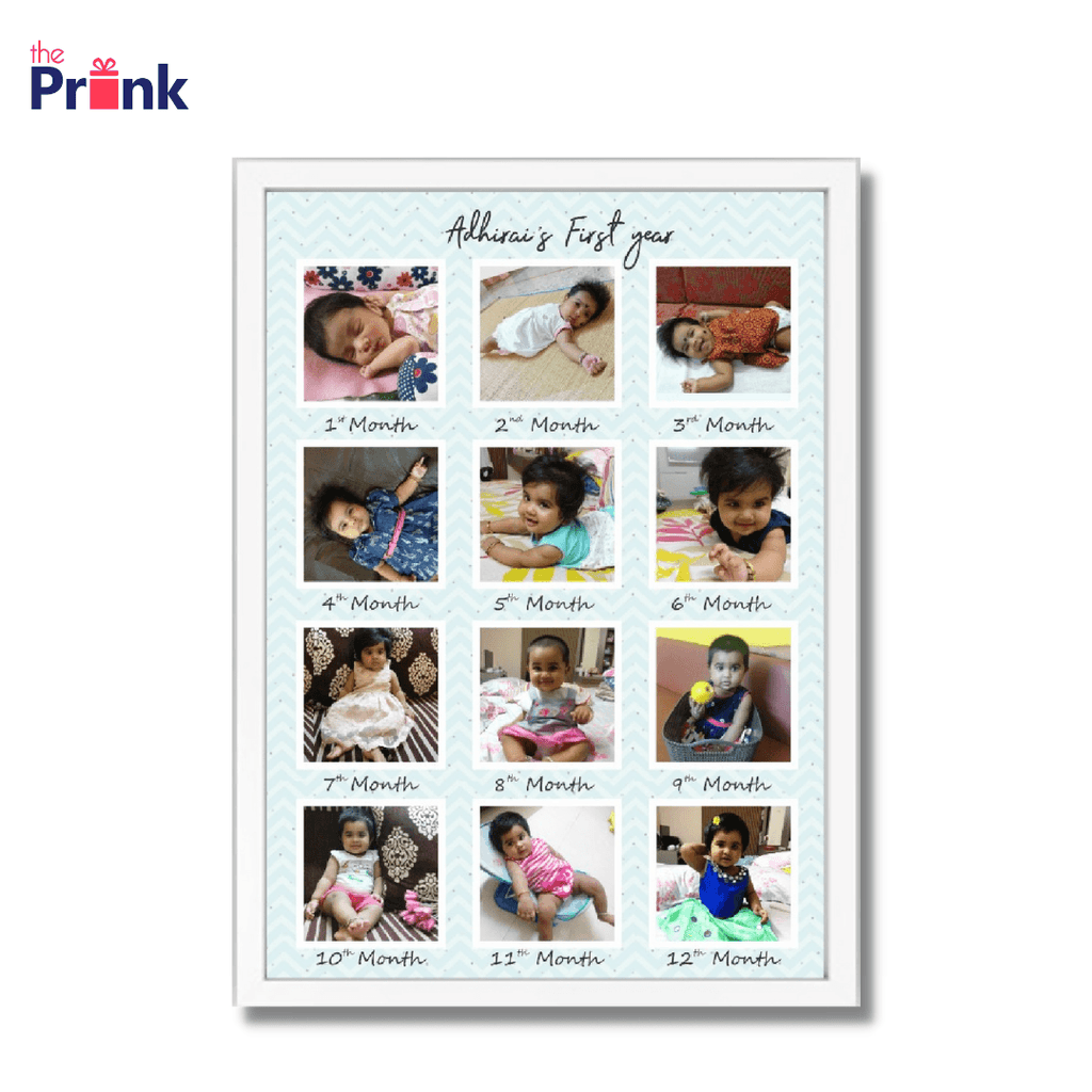 Collage of a baby's first year with monthly photos, from sleeping as a newborn to sitting and smiling at 12 months. Pastel blue background.