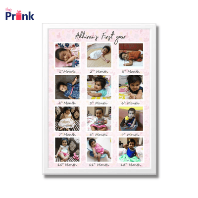 Collage of a baby's first year with monthly photos, from sleeping as a newborn to sitting and smiling at 12 months. Pastel pink background.