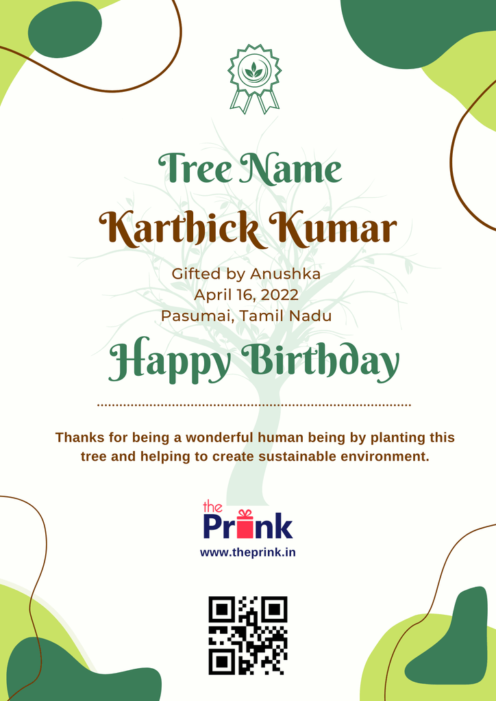 Birthday tree gift certificate with green and brown text. Includes tree name, "Karthick Kumar," gifted by "Anushka" in Tamil Nadu.