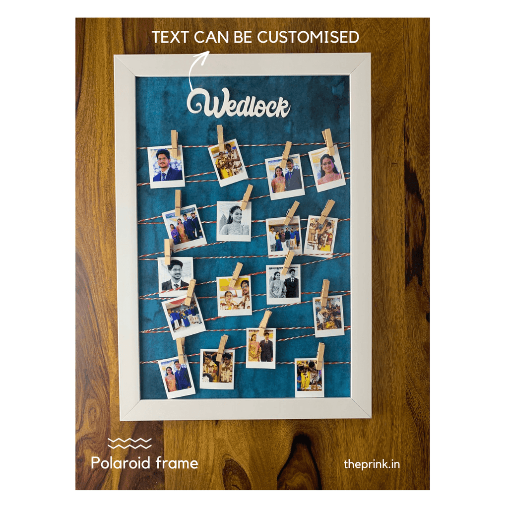 A decorative photo frame on a wooden surface displays multiple Polaroid-style photos clipped to strings. The top text reads "Wedlock," creating a celebratory tone.